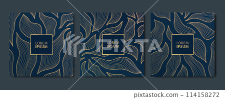 Vector set of art deco floral pattern, line labels frames, plant vintage ornament. Organic luxury borders, nature labels, blossom covers. Golden on blue. 114158272