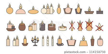 Vector set candles color icons. Candles symbol rectangular, round, trapezoid. Crossed out candle. Vector set candles color icons. Candles symbol rectangular, round, trapezoid. Crossed out candle. 114158730