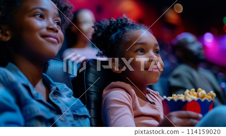 Young family enjoying a movie in a theater with popcorn Young family enjoying a movie in a theater with popcorn 114159020