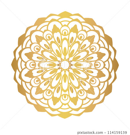 Clean white cover with gold beautiful flower. Golden vector mandala isolated on white background. 114159139