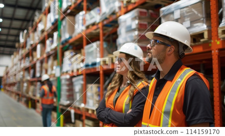 Two warehouse employees in safety gear discuss logistics in a stocked warehouse aisle 114159170