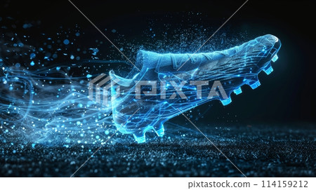 Glowing football boot in action with light effects against a dark background Glowing football boot in action with light effects against a dark background 114159212