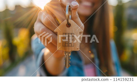 Close-up of a couple receiving house keys symbolizing homeownership at sunset Close-up of a couple receiving house keys symbolizing homeownership at sunset 114159231