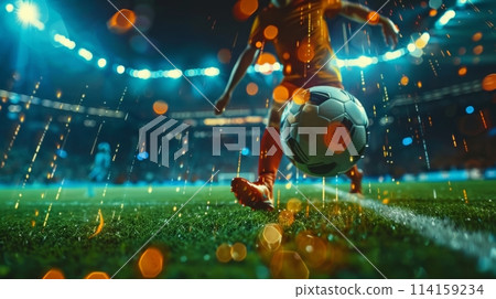 Close-up of a soccer ball with digital analytics overlay on a vivid football pitch 114159234