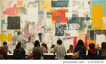 Group of professionals at a meeting in front of a vibrant abstract art collage Group of professionals at a meeting in front of a vibrant abstract art collage 114159278