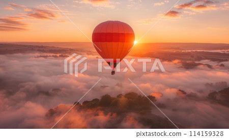 Serene hot air balloon floats above clouds under a golden sunrise 114159328