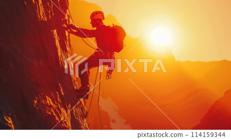 Rock climber in safety gear ascends a steep cliff against a stunning sunset backdrop Rock climber in safety gear ascends a steep cliff against a stunning sunset backdrop 114159344