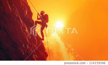 Silhouette of a climber on a steep cliff with a vibrant sunset backdrop 114159346