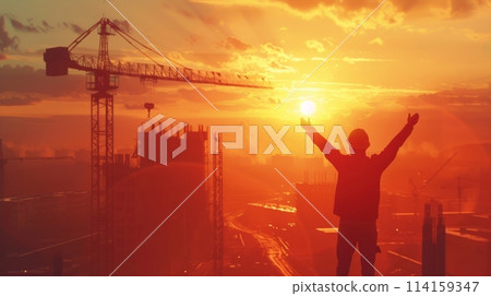 Construction worker celebrating with arms raised against a breathtaking sunset silhouette 114159347