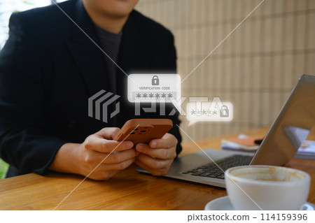 Businessman filling personal credential password login to account on smartphone. Cyber security concept Businessman filling personal credential password login to account on smartphone. Cyber security concept 114159396