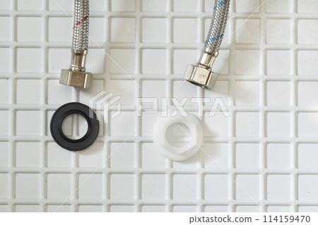Plumbing. Flexible metal steel faucet hoses, flush mechanism, siphon fittings Plumbing. Flexible metal steel faucet hoses, flush mechanism, siphon fittings 114159470