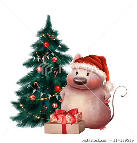 Mouse with fir tree and presents. Hand drawn Christmas illustration 114159539
