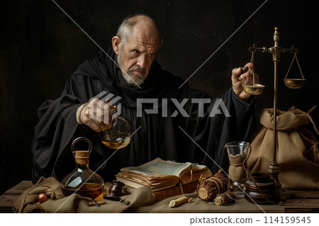 A medieval scientist alchemist with a book works in his laboratory. 114159545
