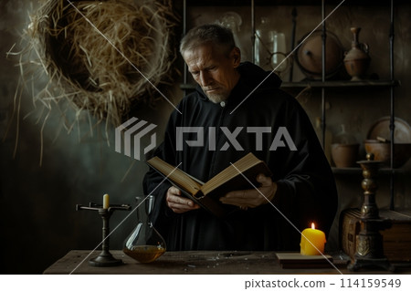 A medieval scientist alchemist with a book works in his laboratory. 114159549