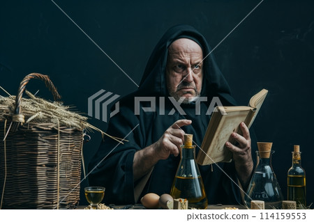 A medieval scientist alchemist with a book works in his laboratory. 114159553