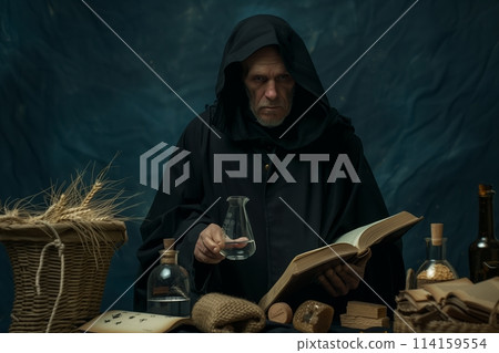 A medieval scientist alchemist with a book works in his laboratory. 114159554