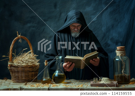 A medieval scientist alchemist with a book works in his laboratory. 114159555