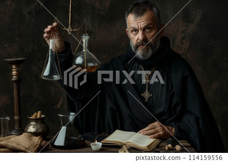 A medieval scientist alchemist with a book works in his laboratory. 114159556