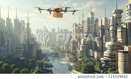Autonomous drone delivering a package over a contemporary cityscape 114159682