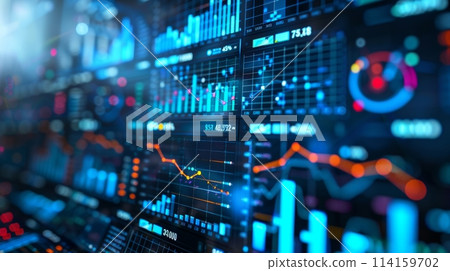 Close-up view of digital screens displaying dynamic financial data analysis graphs and metrics Close-up view of digital screens displaying dynamic financial data analysis graphs and metrics 114159702