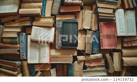 E-reader resting among piles of hardcover books, representing the fusion of traditional reading and modern technology 114159732
