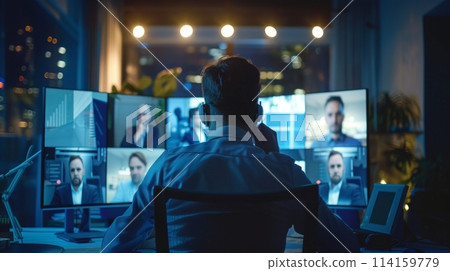Businessman engages in a late-night virtual meeting with international peers Businessman engages in a late-night virtual meeting with international peers 114159779