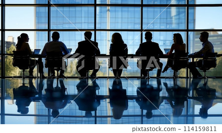 Silhouetted team of professionals engaged in a business meeting inside a modern office with cityscape backdrop 114159811