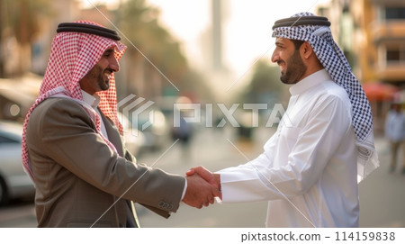 Two arab businessmen shaking hands outdoors with a blurred cityscape background 114159838