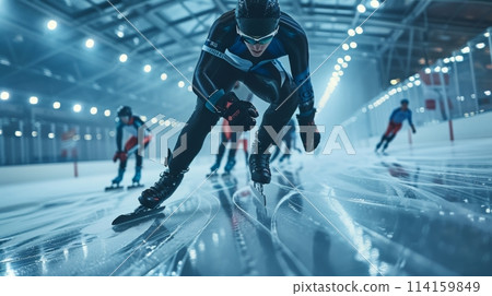 Speed skating team demonstrates agility and focus while racing on the ice track Speed skating team demonstrates agility and focus while racing on the ice track 114159849