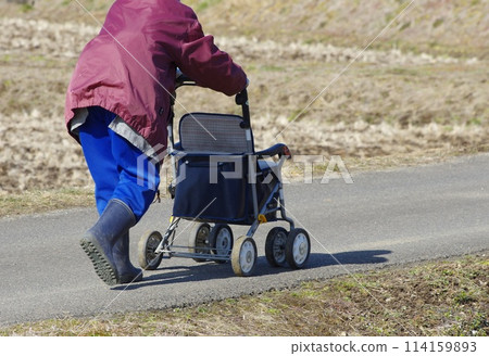 一名農婦乘坐輔助車輛步行到田裡工作。 一名農婦乘坐輔助車輛步行到田裡工作。 114159893