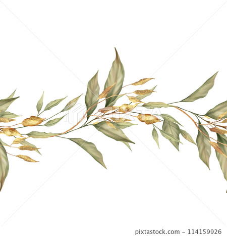 Green and gold leaves frame or border, for wedding stationary, greetings, seamless horizontal background. 114159926