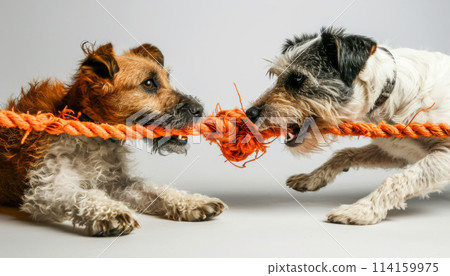 Wire hair fox terrier and Lakeland terrier play with orange rope 114159975
