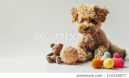 A small brown dog sits next to a toy teddy bear and balls A small brown dog sits next to a toy teddy bear and balls 114159977