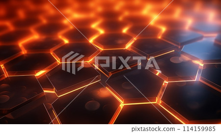 Glowing hexagons in an amber light on a dark background 114159985
