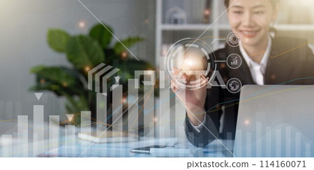 Businesswoman draw growth graph and progress of business and analyzing financial and investment data, development of success, business planning and strategy 114160071
