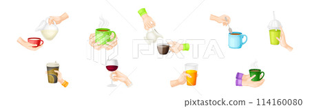Hand Holding Drink and Different Beverage Vector Set 114160080