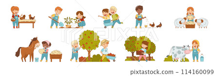 Little Kid Farmer Character at Village Vector Set Little Kid Farmer Character at Village Vector Set 114160099
