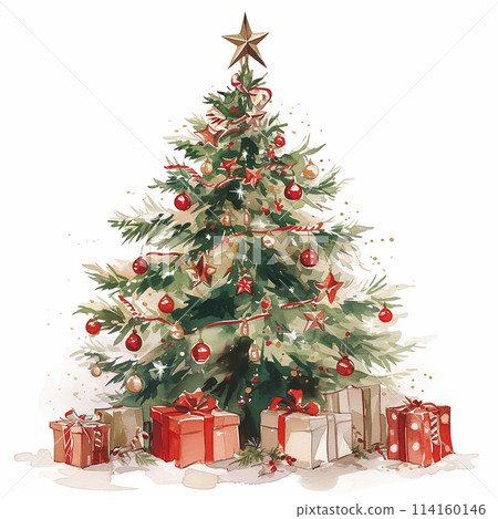 A Christmas tree with a star on top and red and gold ornaments. There are also presents under the tree 114160146
