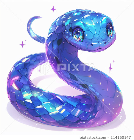 2025 blue snake with blue eyes and a purple tail. The snake is surrounded by stars and has a glittery appearance 114160147