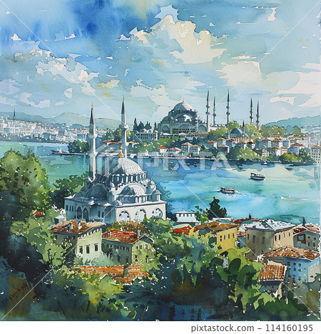 Istanbul A painting of a city with a large blue dome on top of a building. The painting is of a city with a river running through it. Istanbul A painting of a city with a large blue dome on top of a building. The painting is of a city with a river running through it. 114160195