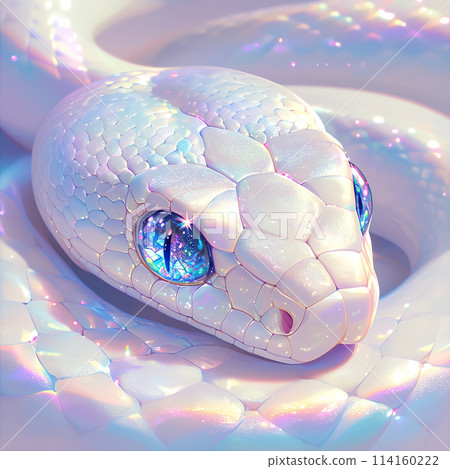 A snake with blue eyes and a white body. The snake is surrounded by a rainbow of colors 114160222