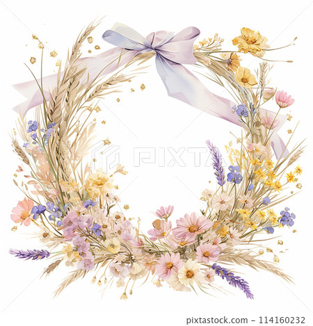 A flowery wreath with a gold frame border. The flowers are in various shades of pink and purple 114160232