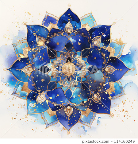 A blue and gold mandala flower with gold accents. The flower is a symbol of peace and love 114160249