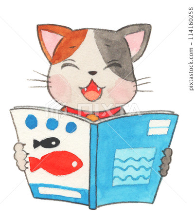 讀書週插畫貓看書水彩手繪 114160258