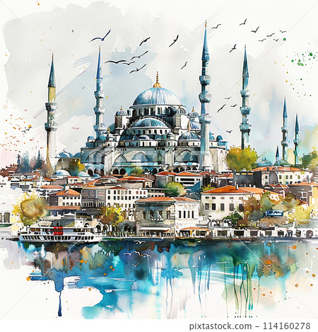 Istanbul A painting of a city with a large blue dome on top of a building. The painting is of a city with a river running through it. 114160278
