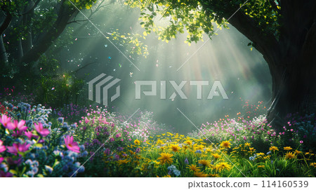Panoramic view of summer forest with wildflowers. AI-generated item	 114160539