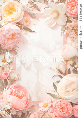 A pink background frame with a white frame and pink flowers. The flowers are roses and there are also some daisies 114160636
