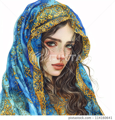 Watercolor Morocco woman wearing a blue and gold scarf with gold beads on her head Watercolor Morocco woman wearing a blue and gold scarf with gold beads on her head 114160641