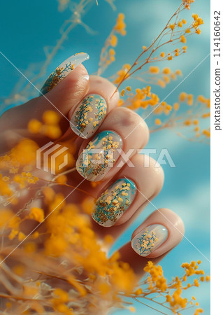 A hand holding a bunch of yellow flowers with well-manicured fingernails. A hand holding a bunch of yellow flowers with well-manicured fingernails. 114160642