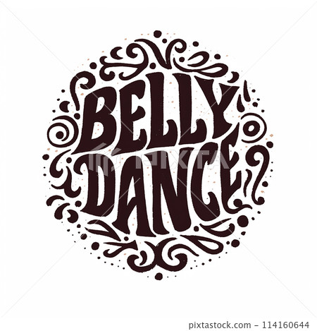A black and white LOGO drawing of a circle with the word "belly dance" written in white A black and white LOGO drawing of a circle with the word "belly dance" written in white 114160644